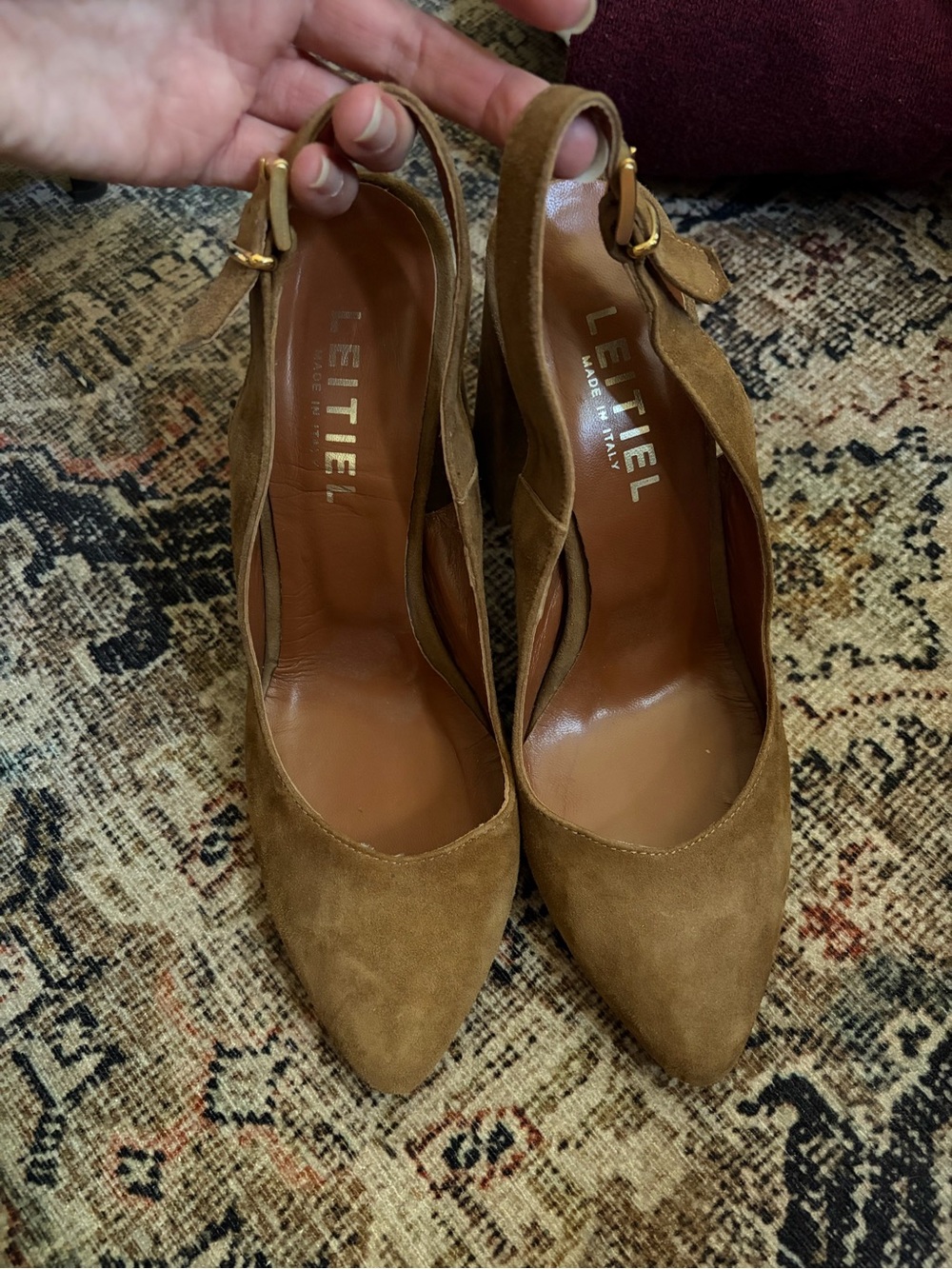 Suede Pointed-Toe Slingback Heels in Brown